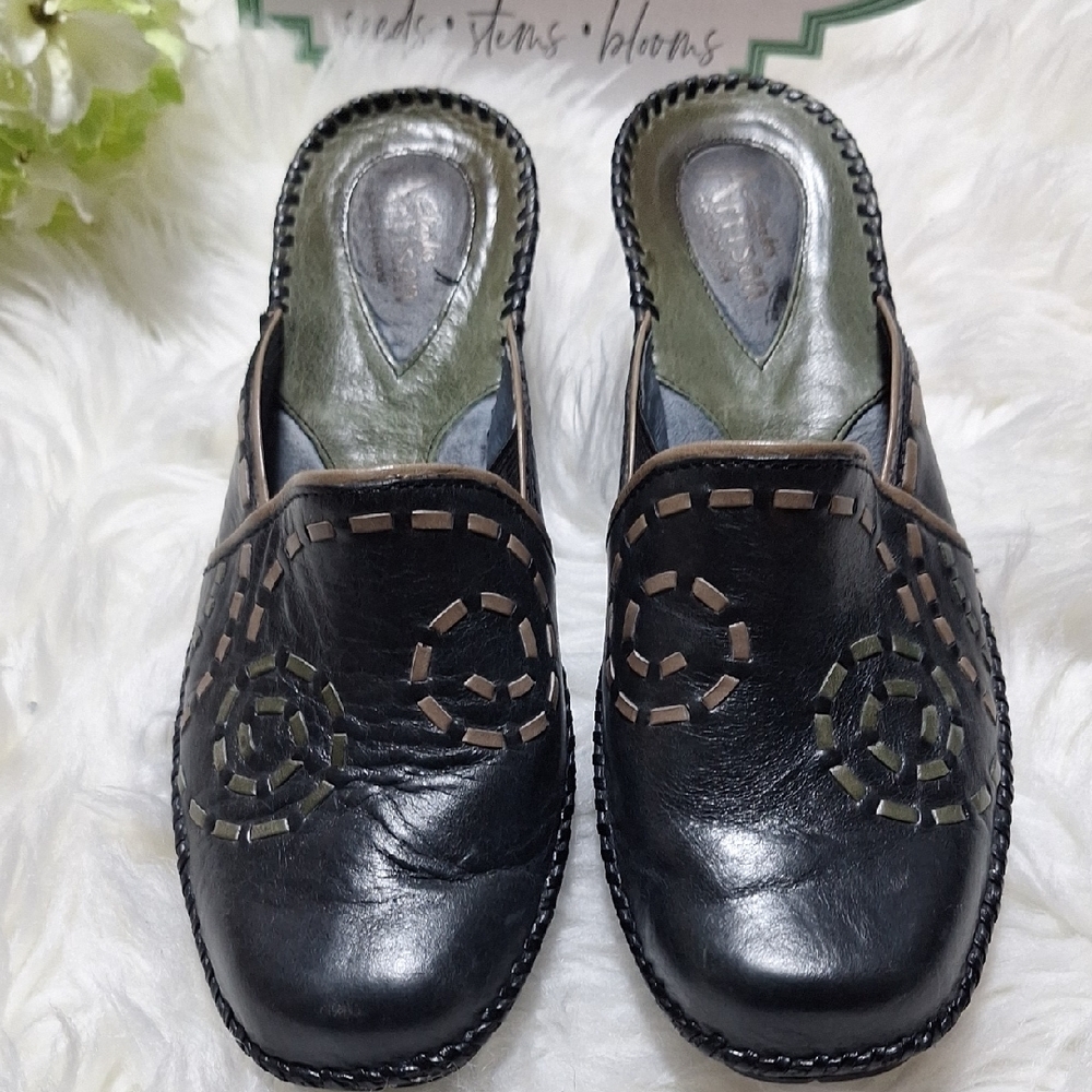 Clarks Black and Green Leather Mules